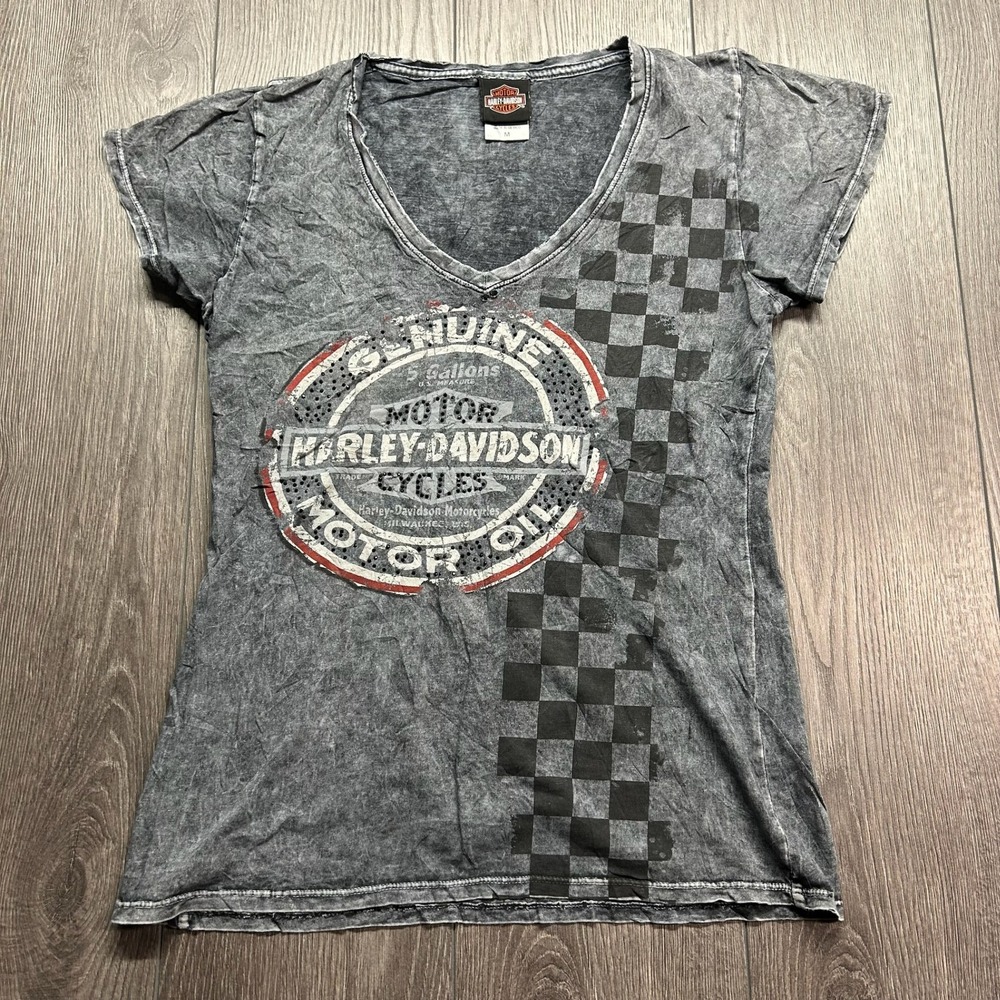 Harley-Davidson Womens Medium Palm Springs V-Neck Graphic Tee Gray Acid Wash Y2k